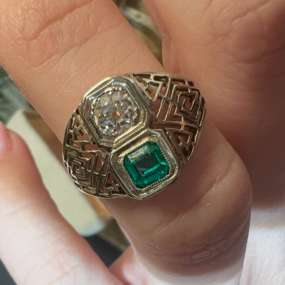 Antique Genuine Diamond Ring Solid 14K Gold Old European Cut Art Deco Filigree - Picture 12 of 14